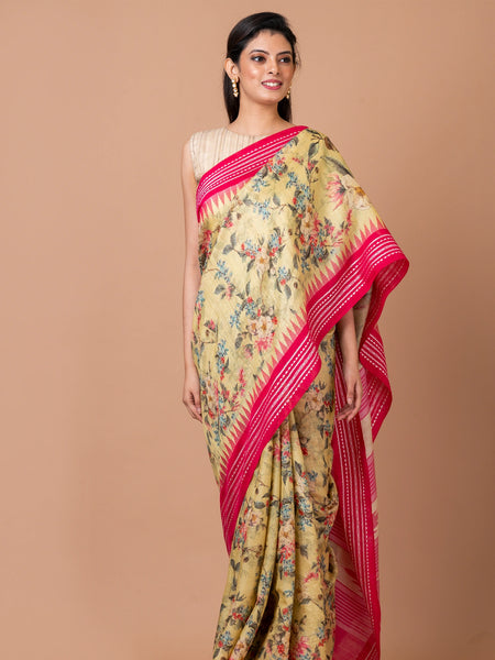 Summer Wave Classic Lime Green Tussar Silk Saree with Pink Border – Vidarbha Handloom Temple Style Festive Saree
