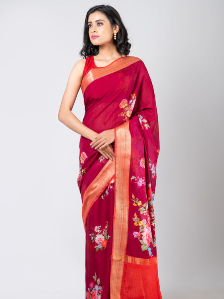 Aquarelle bloom | Traditional Wine Chanderi Saree for Weddings & Celebrations