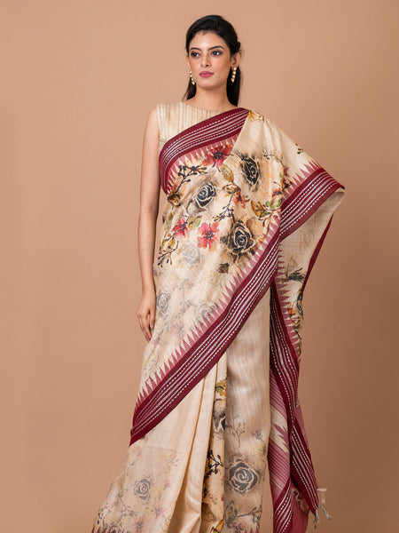 Brown Bliss Classic Beige Tussar Silk Saree with Brown Border – Vidarbha Handloom Temple Style Elegant Saree