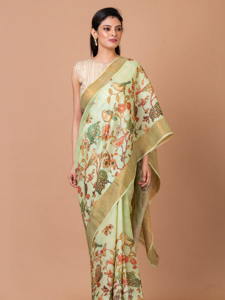 Botanical Beauty Premium Lime Green Tussar Silk Saree for Festive and Occasion Wear