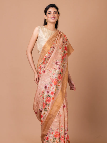 Floral Fest Elegant Pink Tussar Silk Saree – Soft & Graceful Ethnic Drape for Festive & Traditional Wear