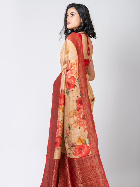 Graceful blossom Off White and Red Tussar Banarasi Saree for Festive & Wedding Wear