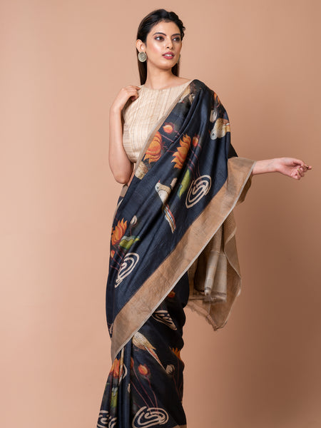 Glimmer Splender Minimal Black Tussar Saree – Lightweight Silk Saree for Sophisticated Traditional & Modern Styling