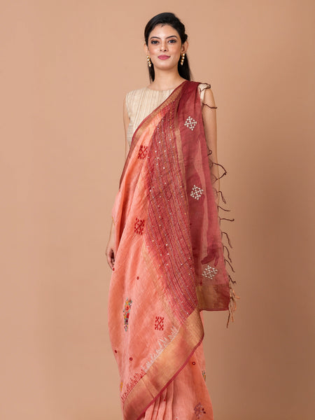 Delicate vines Premium Beige Embroidered Saree with Handcrafted Kantha and Sequence Detailing