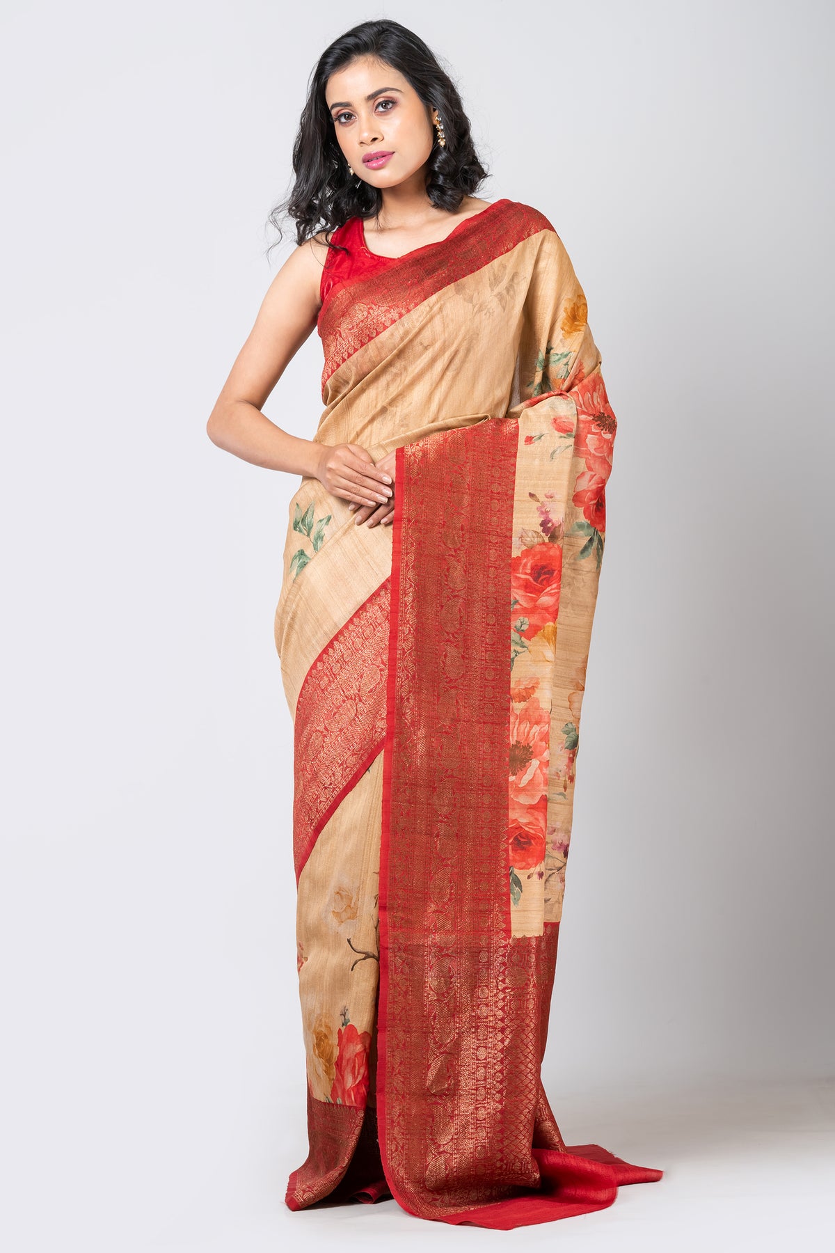 Graceful blossom Off White and Red Tussar Banarasi Saree for Festive & Wedding Wear