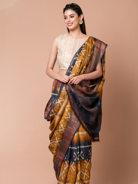 Rustic Charm Elegant Black & Yellow Tussar Silk Saree – Bold & Traditional Ethnic Drape for Festive Wear