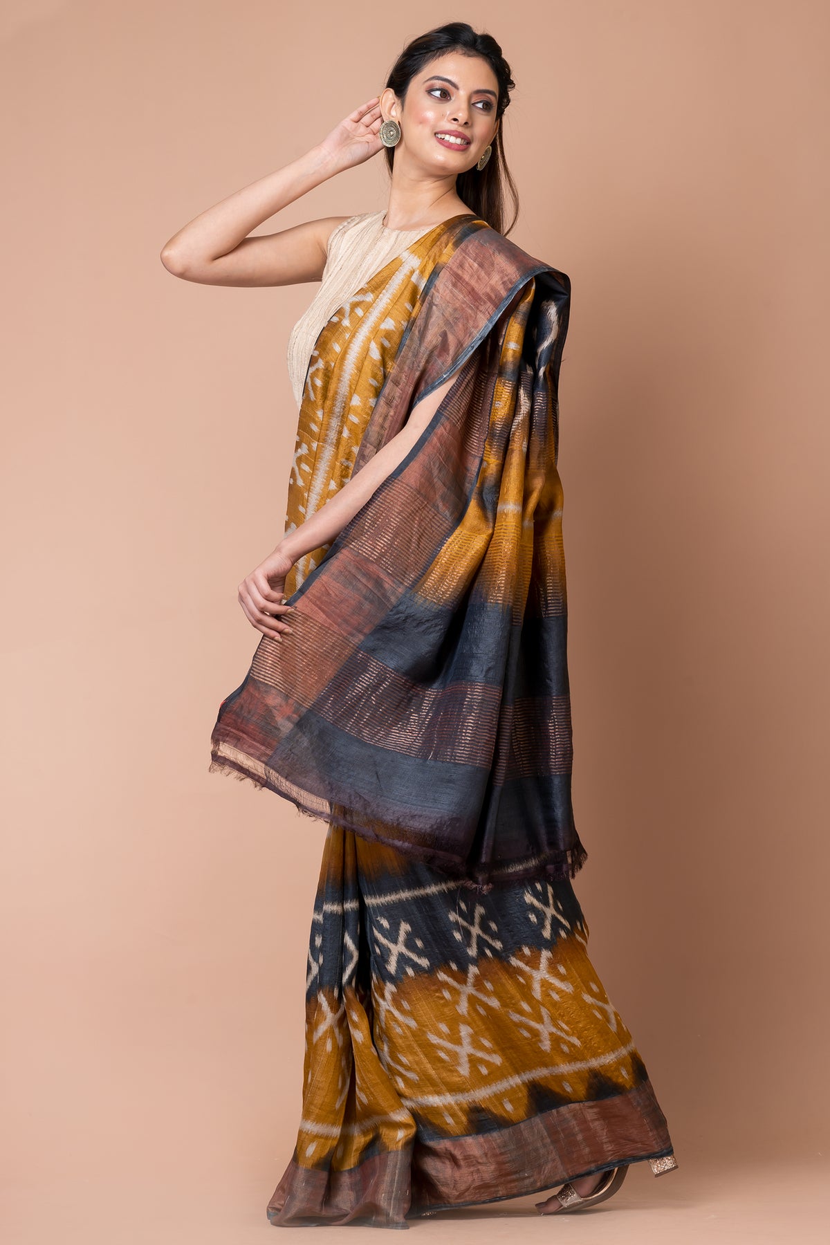 Rustic Charm Elegant Black & Yellow Tussar Silk Saree – Bold & Traditional Ethnic Drape for Festive Wear