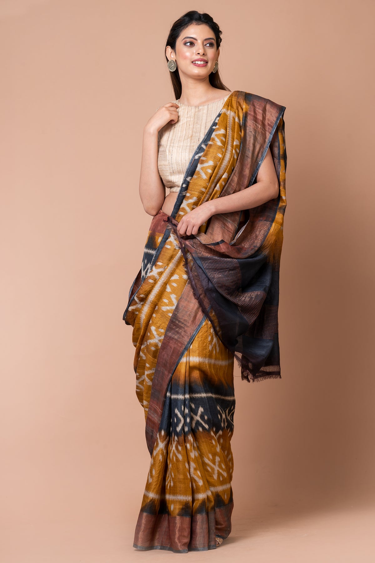 Rustic Charm Elegant Black & Yellow Tussar Silk Saree – Bold & Traditional Ethnic Drape for Festive Wear
