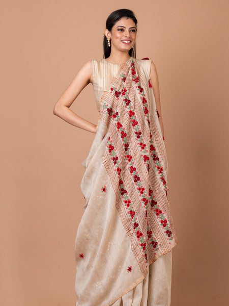 Miniature Garden Cream Linen Silk Zari Border Woven Saree – Lightweight Traditional Saree