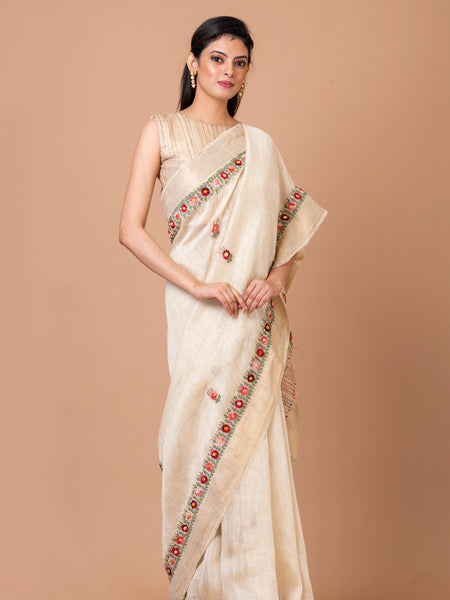 Tiny Florals Cream Linen Silk Zari Buta Border Saree – Elegant Woven Designer Saree for Women