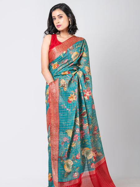 Emerald blossoms | Elegant Dark Sea Green Chanderi Cotton Silk Saree with Checks Weave
