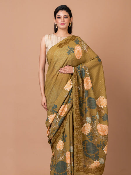 Mehendi Party Wear Crepe Saree with Sequin Detailing