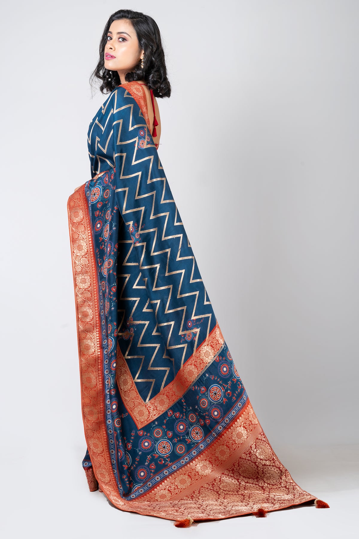 AZURE GEOMETRY Designer Blue Leheriya Saree in Dola Fabric for Weddings & Festive Wear