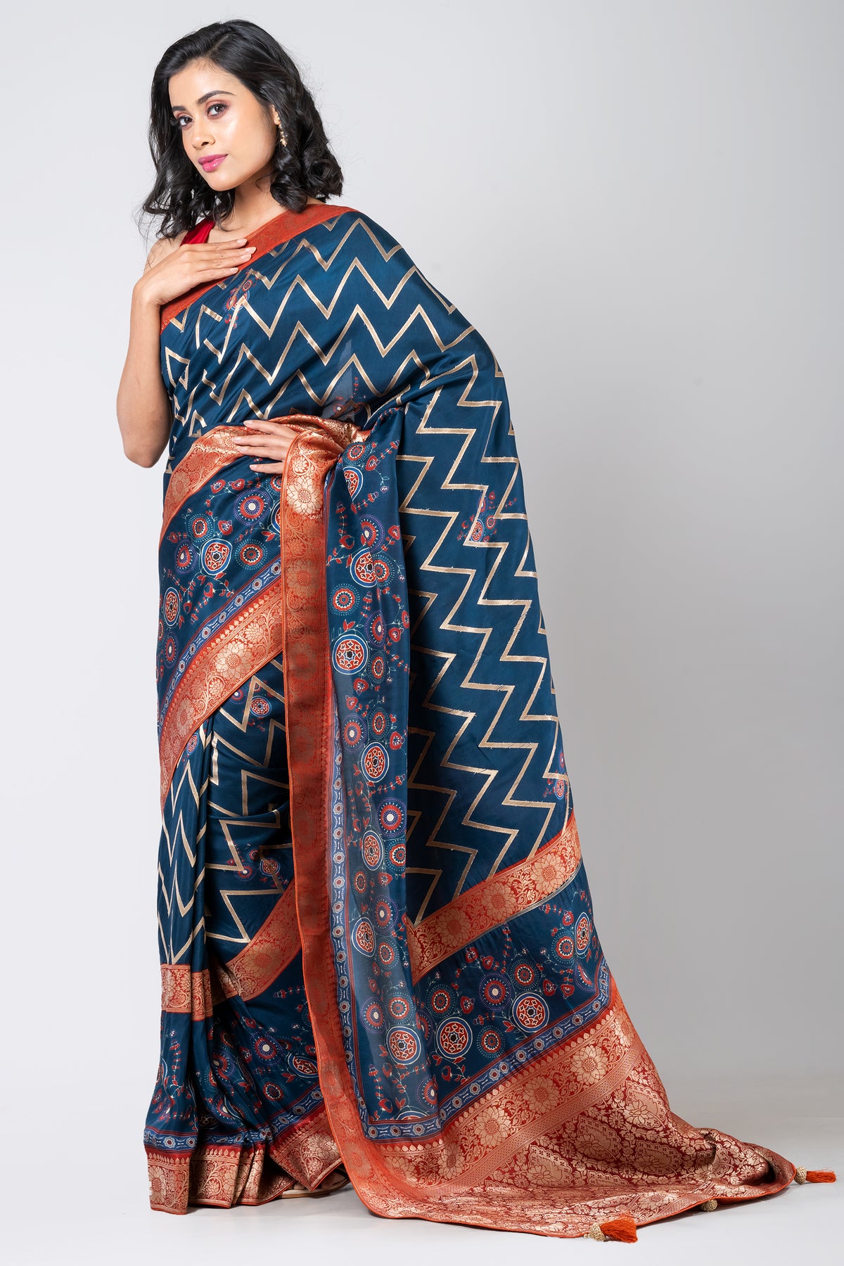 AZURE GEOMETRY Designer Blue Leheriya Saree in Dola Fabric for Weddings & Festive Wear