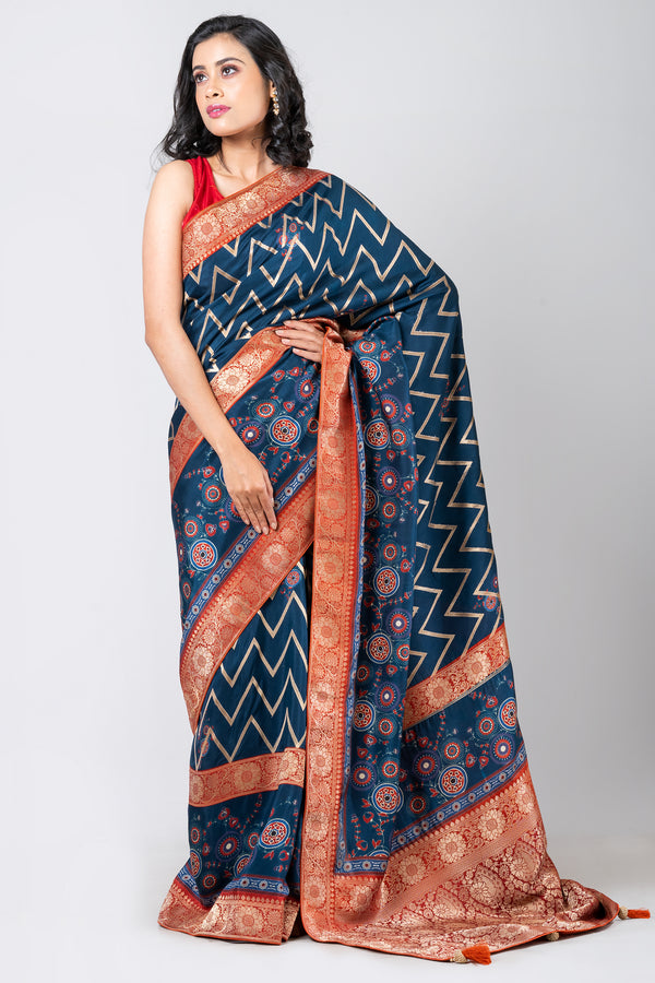 AZURE GEOMETRY Designer Blue Leheriya Saree in Dola Fabric for Weddings & Festive Wear