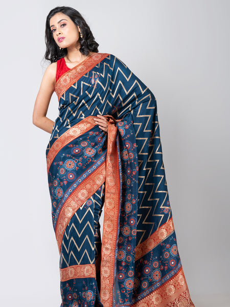 AZURE GEOMETRY Designer Blue Leheriya Saree in Dola Fabric for Weddings & Festive Wear
