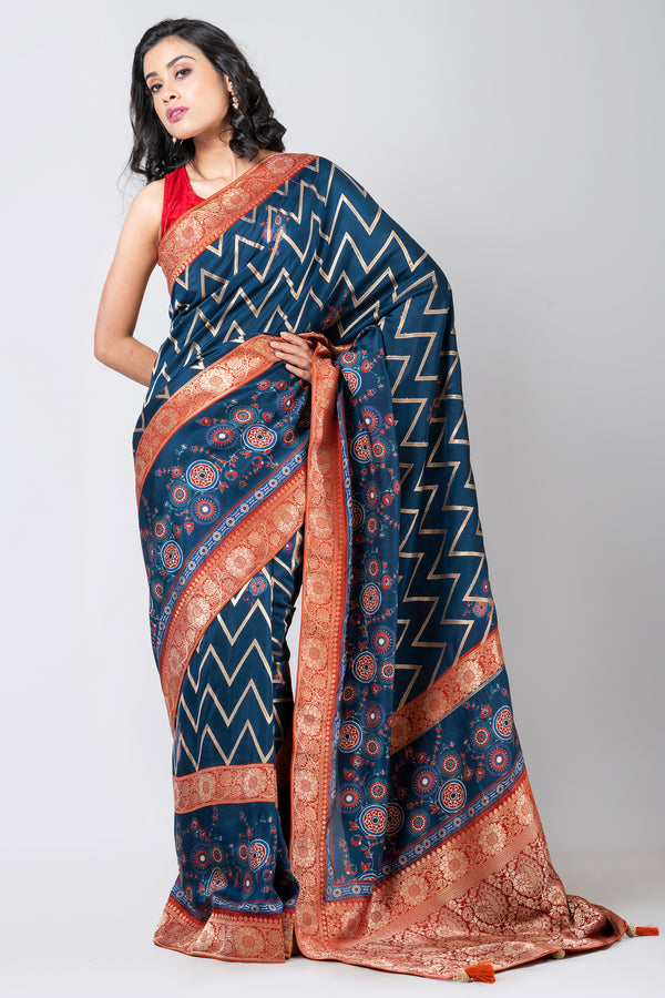 AZURE GEOMETRY Designer Blue Leheriya Saree in Dola Fabric for Weddings & Festive Wear