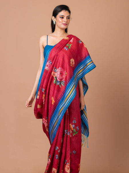 Blue symphony Designer Fuchsia Tussar Saree Handloom Ethnic Saree with Blue Border