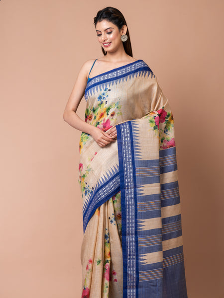 Serene Splender Classic Beige Tussar Silk Saree with Navy Blue Border – Vidarbha Handloom Temple Style Ethnic Saree