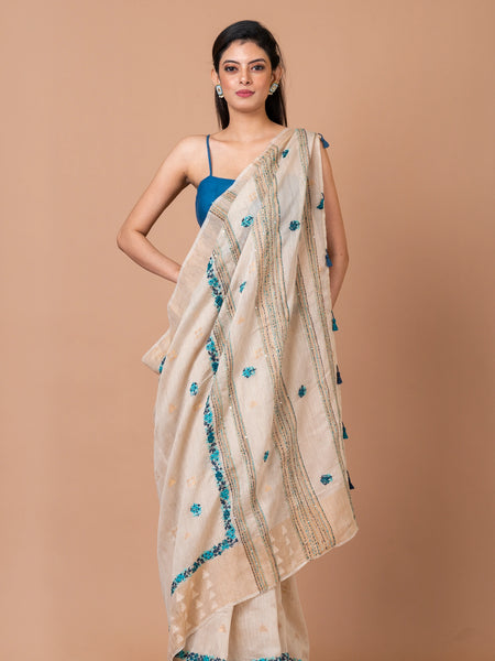Petite Petals Elegant Cream Linen Silk Saree with Buta & Zari Border – Designer Festive Saree