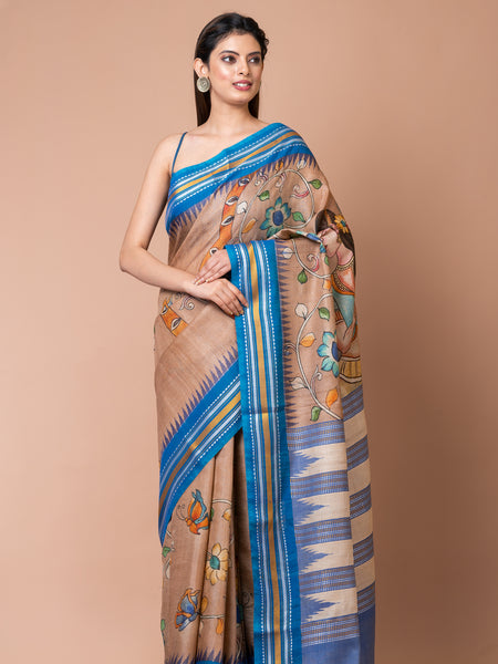 Mystic Threads Beige Saree with Blue Border Vidarbha Temple Handloom Tussar Saree – Elegant Ethnic Wear
