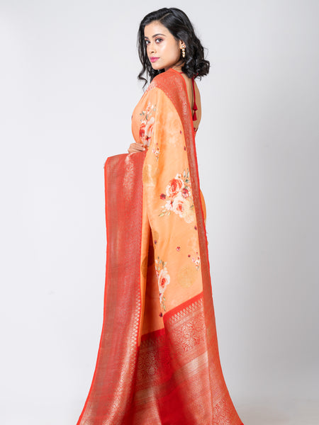 Fusion floral Elegant Orange Tussar Banarasi Saree for Festive & Wedding Wear