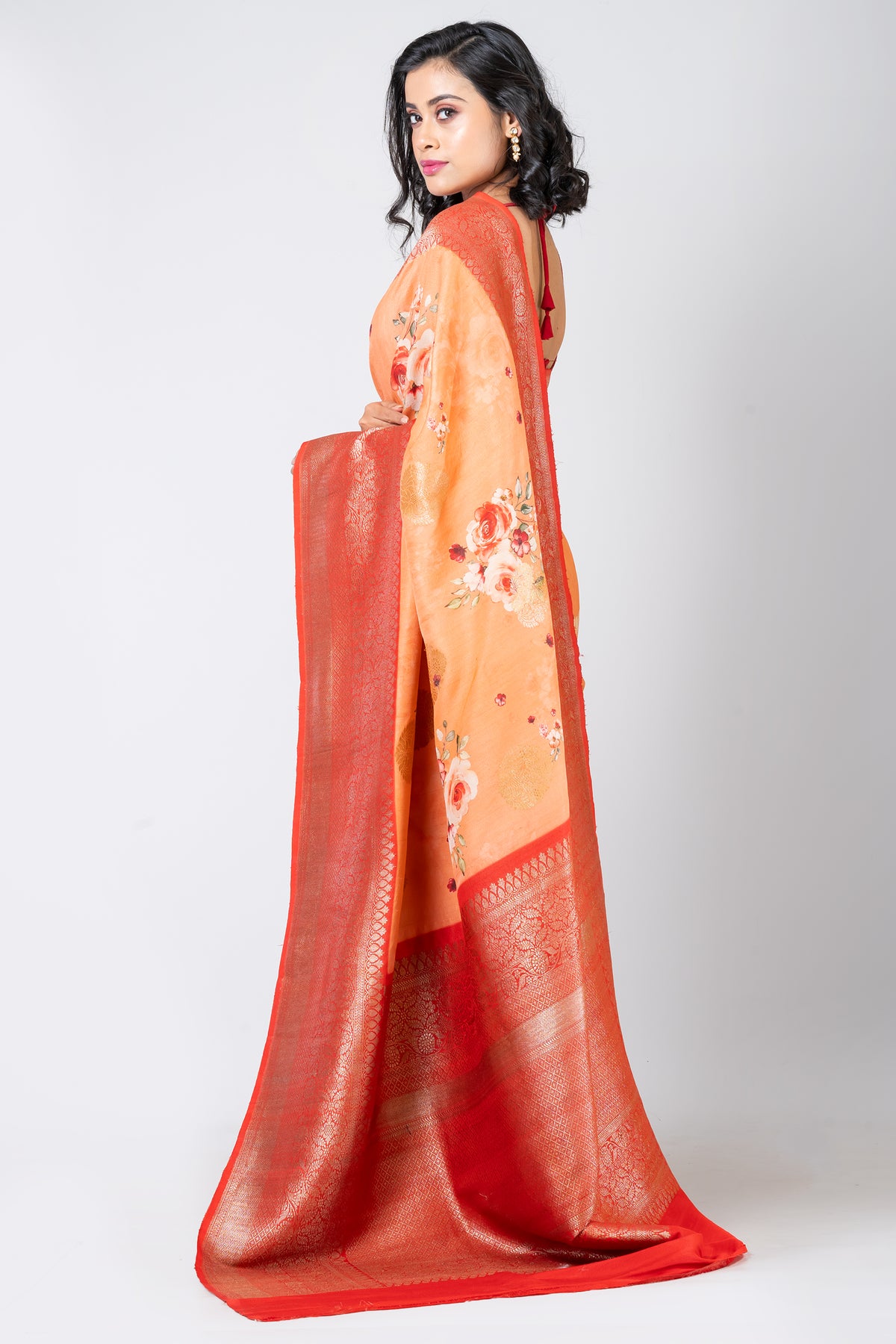 Fusion floral Elegant Orange Tussar Banarasi Saree for Festive & Wedding Wear
