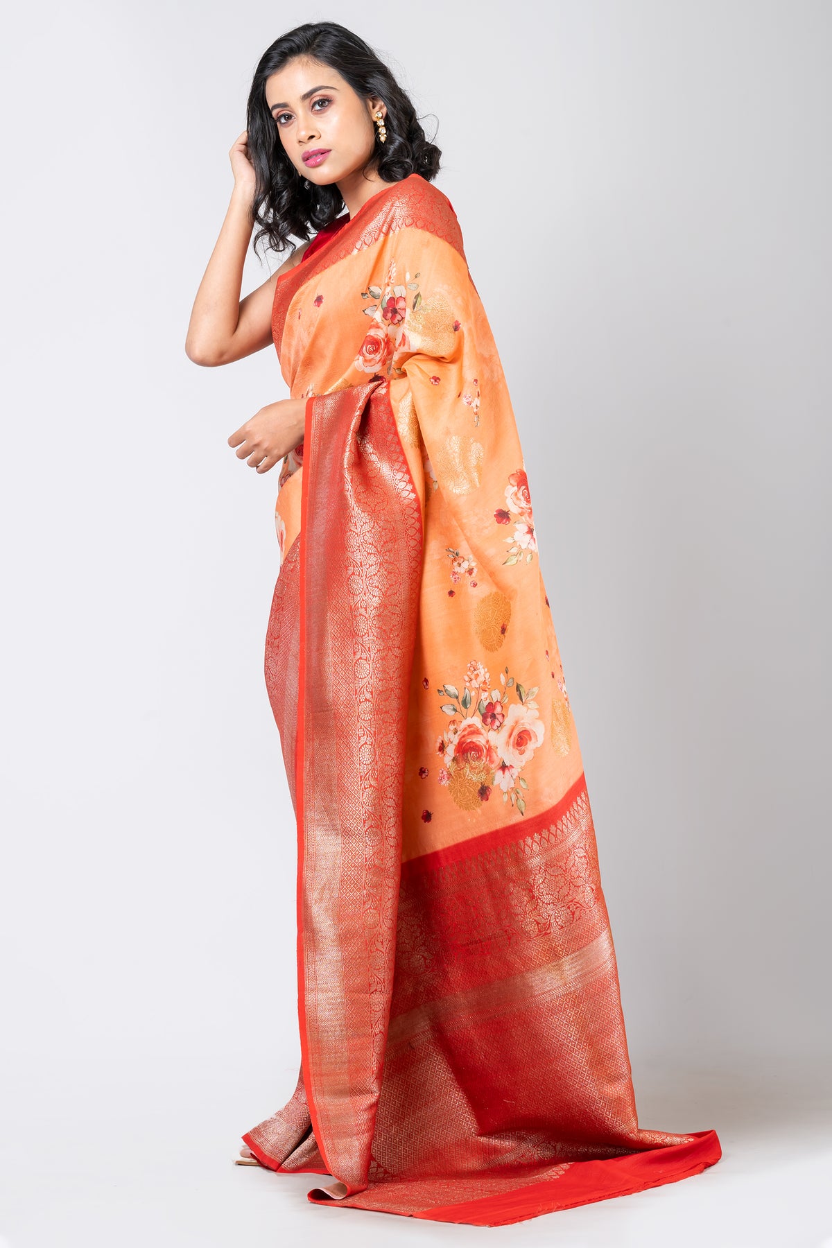 Fusion floral Elegant Orange Tussar Banarasi Saree for Festive & Wedding Wear