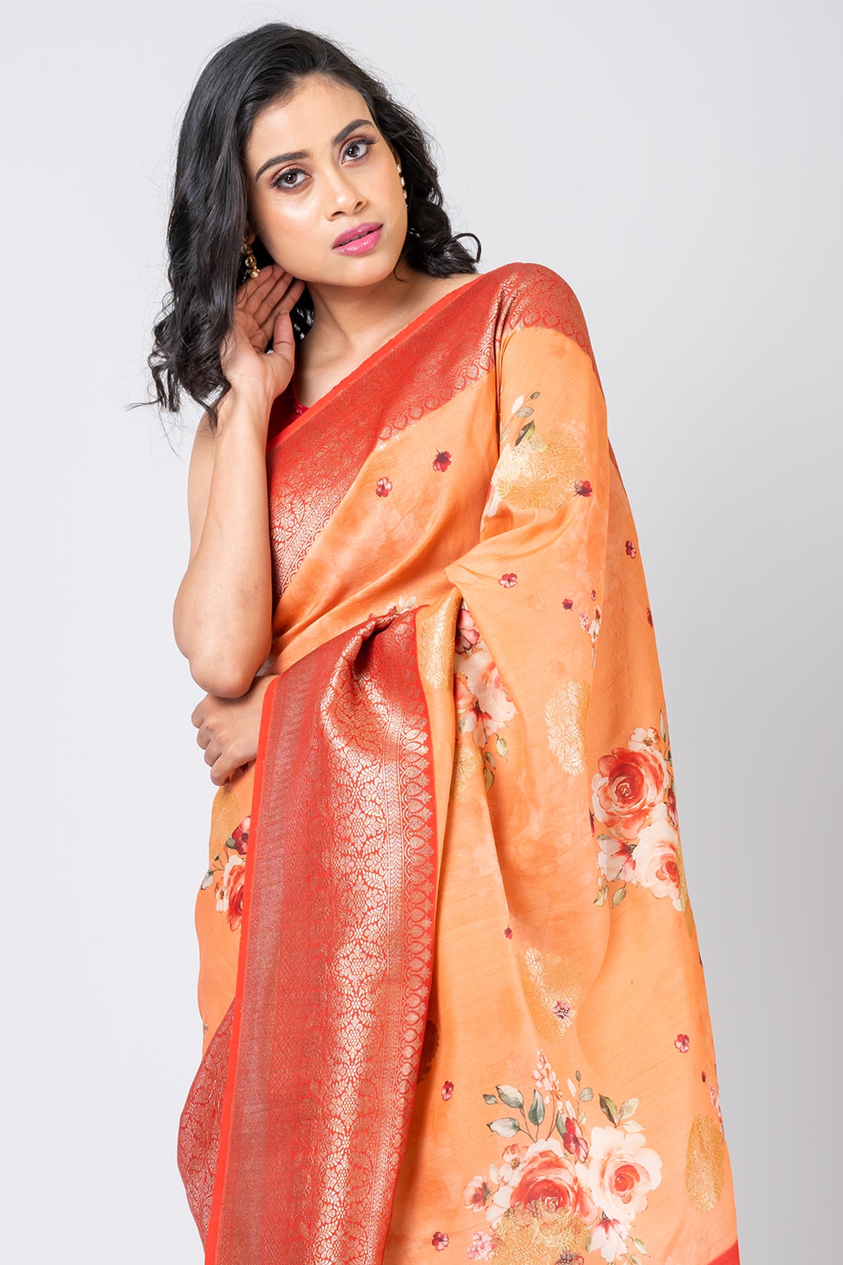 Fusion floral Elegant Orange Tussar Banarasi Saree for Festive & Wedding Wear