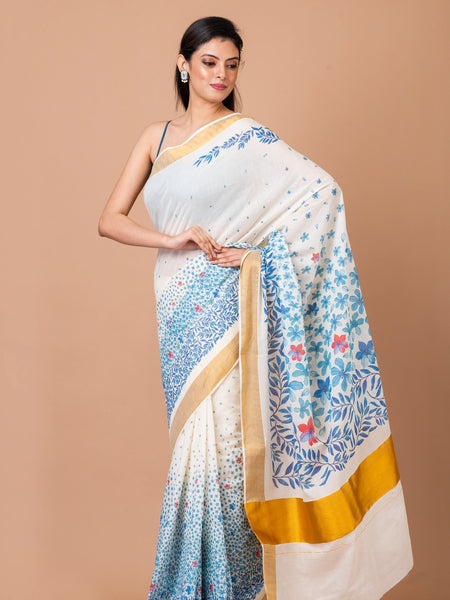 Fleeting floriana | Premium Festive White Kasavu Saree