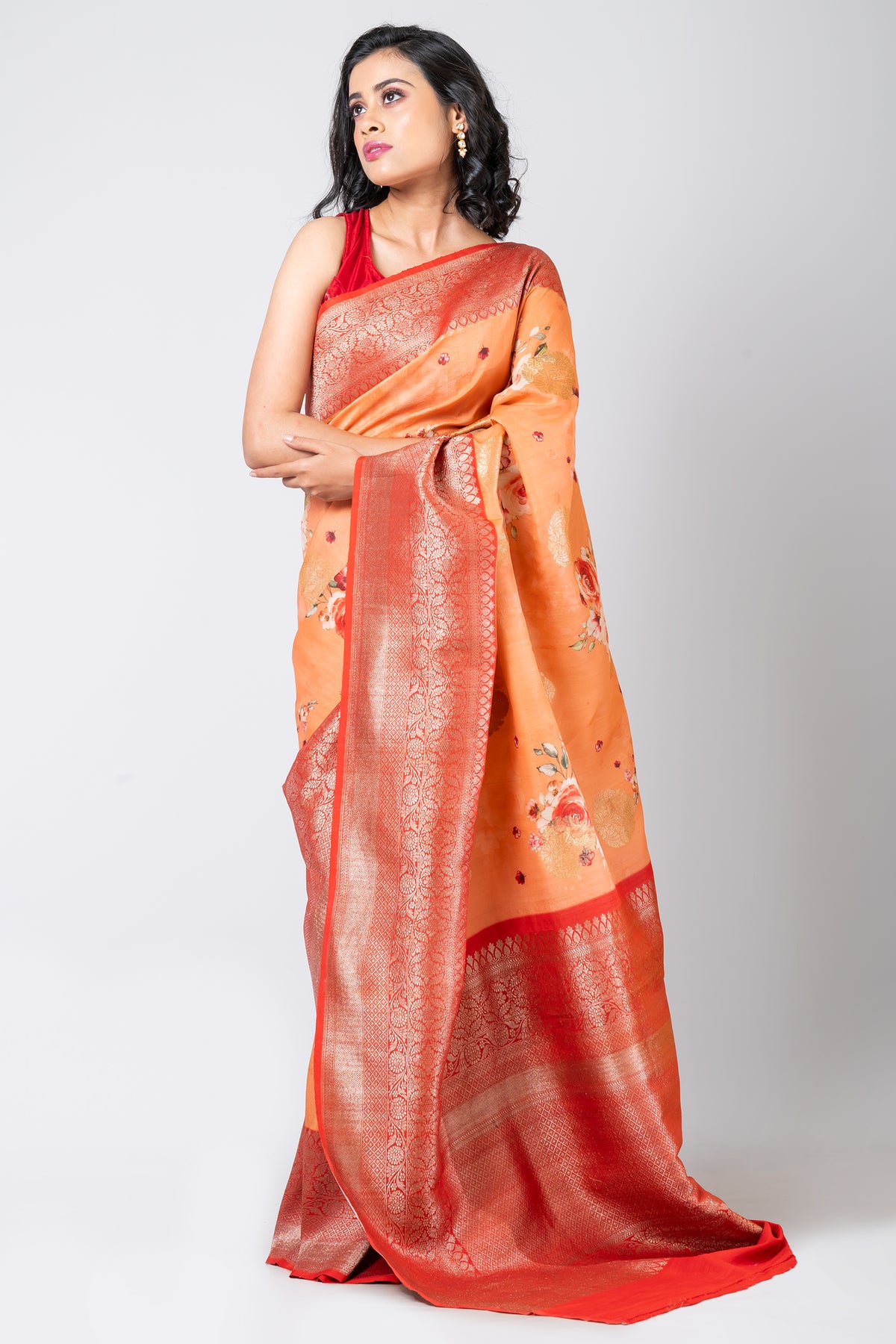 Fusion floral Elegant Orange Tussar Banarasi Saree for Festive & Wedding Wear