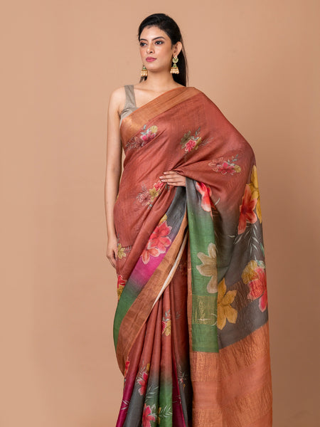Wildflower Whimsy Grey and Red Tussar Silk Saree – Elegant Traditional Lightweight Ethnic Wear Saree