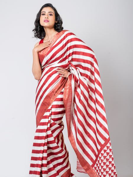 Geometric Glam Red Semi Tussar Saree with Zari Work | Elegant Traditional Ethnic Wear Saree