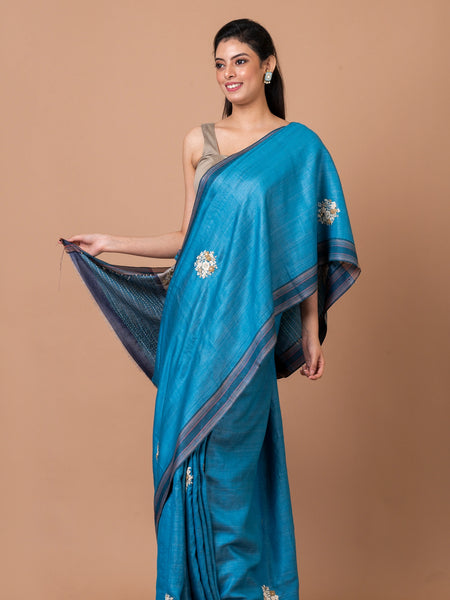Dainty Blooms Blue Mulberry Tasar Silk Woven Saree – Authentic Handloom Ethnic Wear