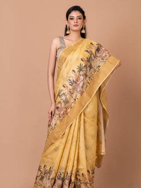Tropical Trellis Classic Yellow Tussar Silk Saree – Lightweight Handwoven Saree for Radiant & Minimal Ethnic Styling