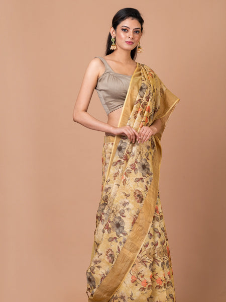 Meadow Marvel Elegant Beige Tussar Silk Saree – Minimal & Timeless Ethnic Drape for Subtle Sophisticated Look