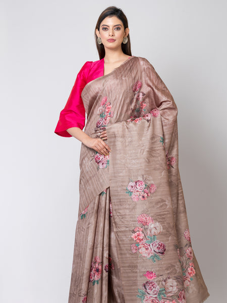 Greyish Brown Semi Tussar Saree for Women | Elegant Festive & Party Wear Ethnic Saree