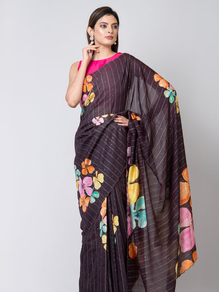 Brown Floral Blossom Brown Woven Sequence Crepe Saree Elegant Party Wear Ethnic Wear for Women