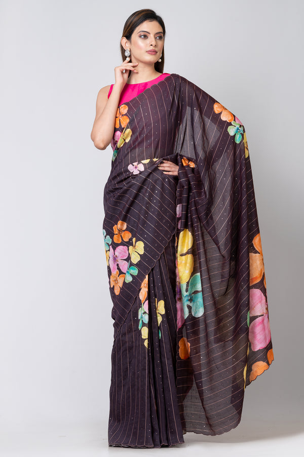 Brown Floral Blossom Brown Woven Sequence Crepe Saree Elegant Party Wear Ethnic Wear for Women