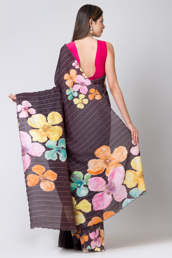 Brown Floral Blossom Brown Woven Sequence Crepe Saree Elegant Party Wear Ethnic Wear for Women