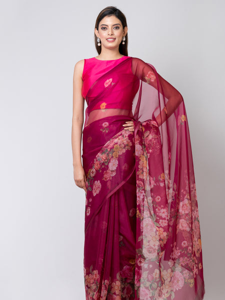 pink rosebloom Premium Red Organza Saree Sheer Ethnic Wear for Special Occasions