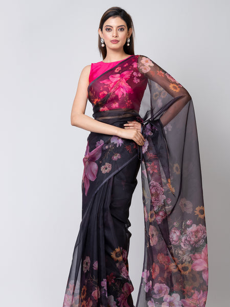 Rose Splender Premium Black Organza Saree for Women with Modern Elegance