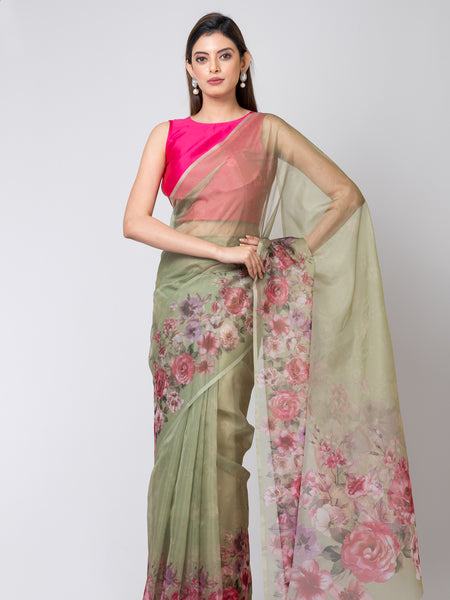 Moss Rose Stylish Mehendi Green Organza Saree for Weddings and Celebrations