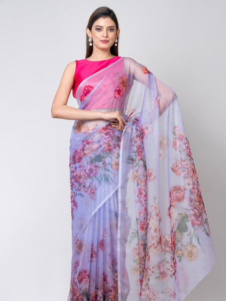 Vintage Rose Lavender Organza Saree Elegant Lightweight Ethnic Wear for Women
