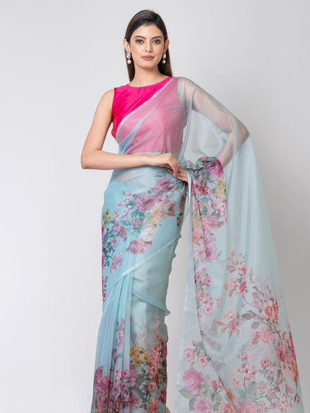 Floral Rose Garden Sea Green Organza Saree Elegant Lightweight Ethnic Wear for Women
