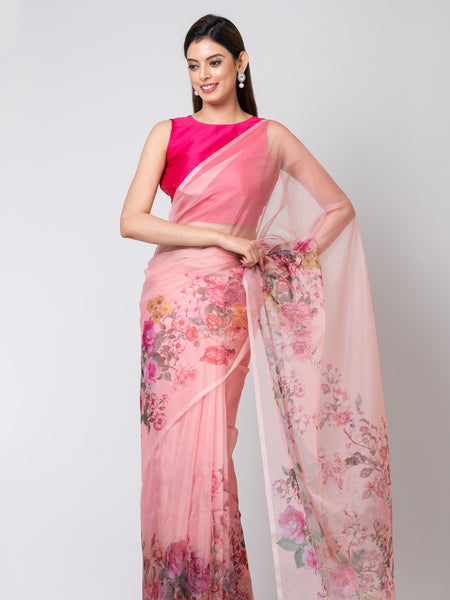 Floral Fantasy Pink Organza Saree Elegant Lightweight Ethnic Wear for Women