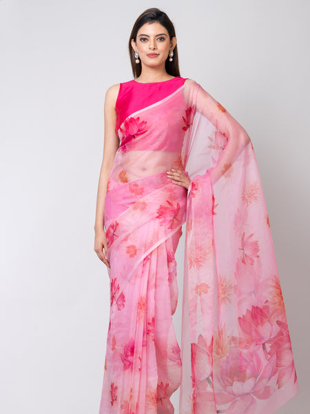 Floral rose | Soft Pastel Pink Organza Saree for Weddings and Special Occasions