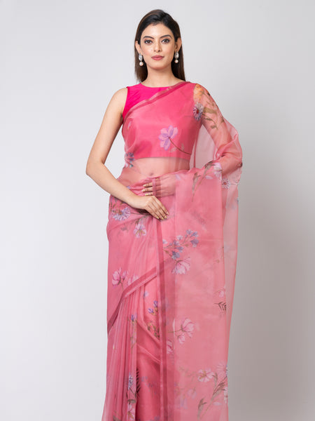 Lightweight Peach Organza Ethnic Saree in Soft Peach Tone