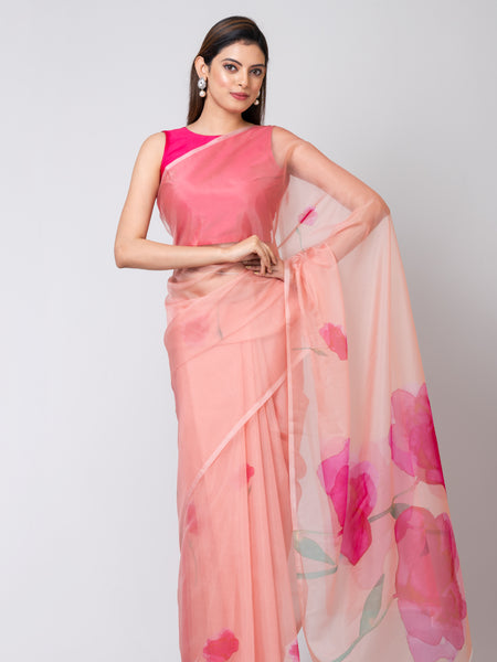 Elegant Peach Organza Saree – Soft Luxury Modern Ethnic Saree