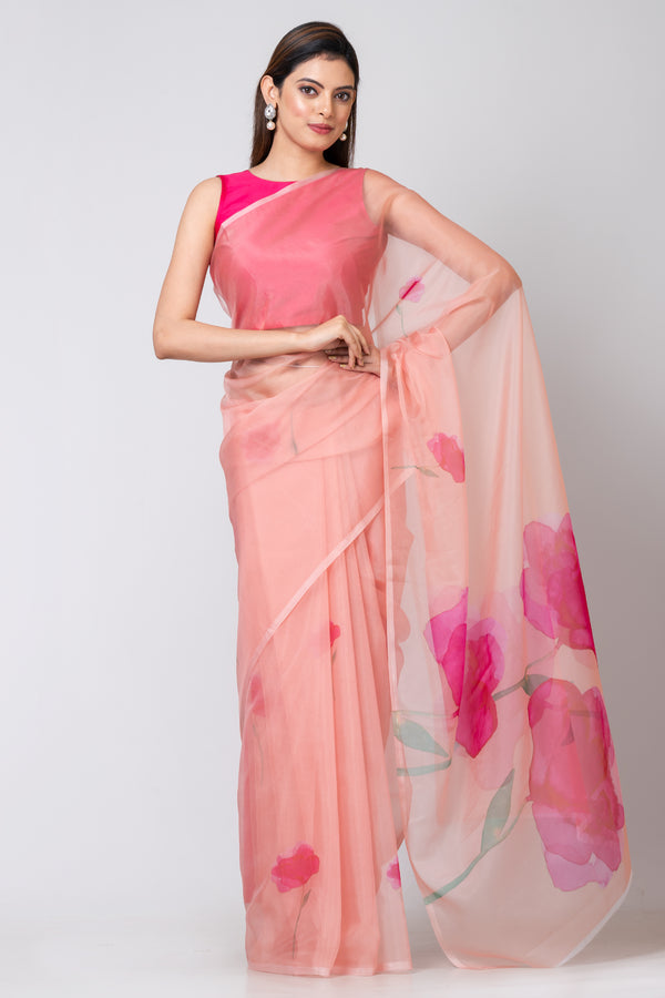 Elegant Peach Organza Saree – Soft Luxury Modern Ethnic Saree